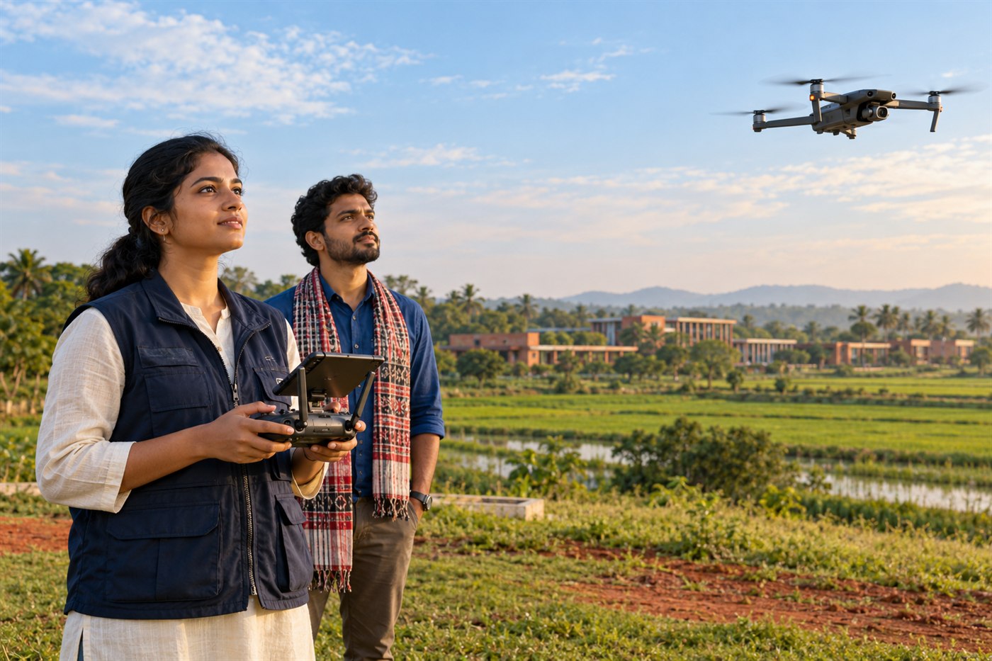 Illustrative scene of drone operators working in an Odisha landscape