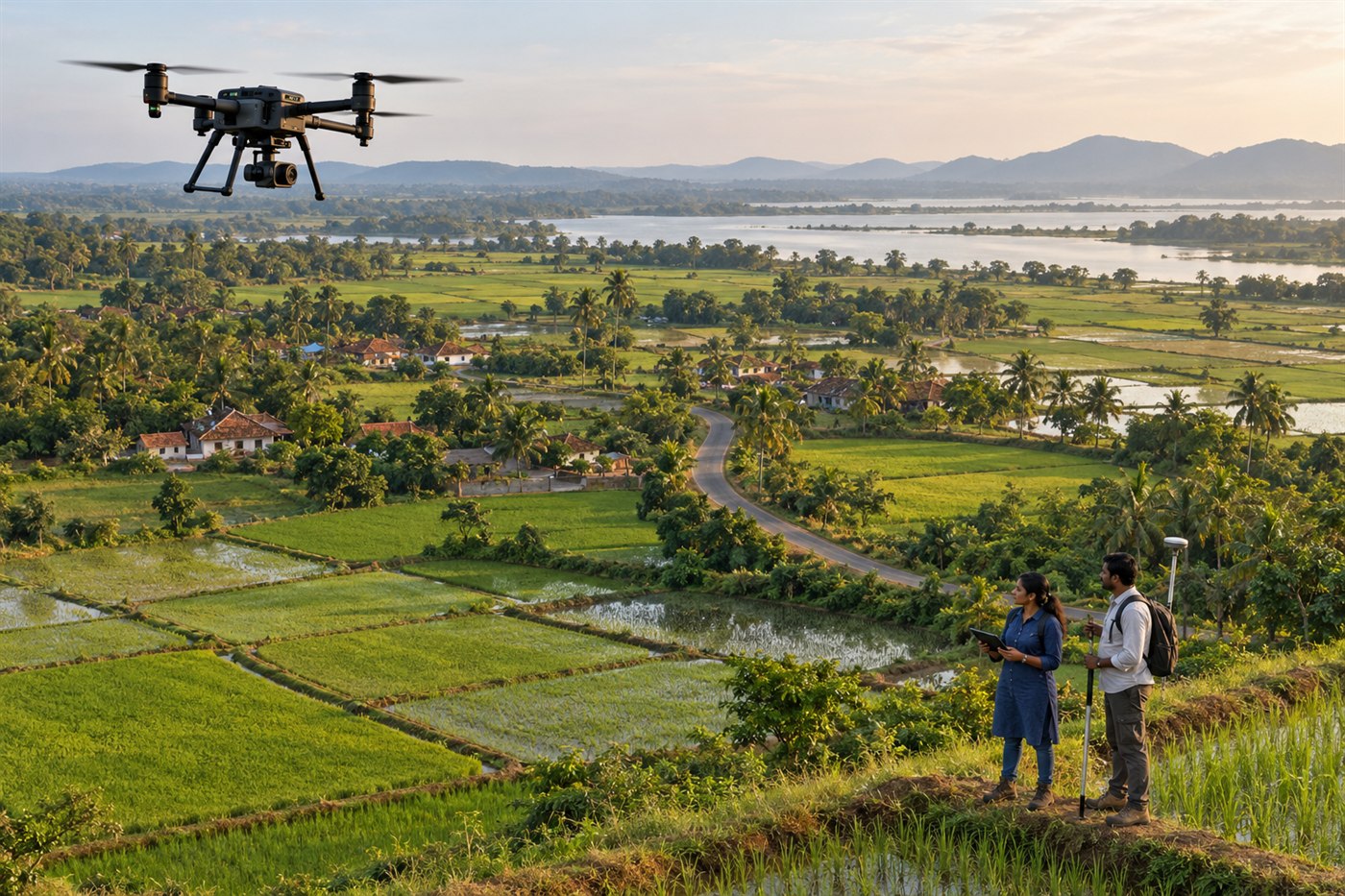 Illustrative aerial mapping scene over cultivated fields in Odisha